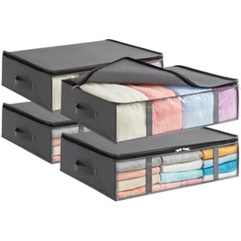 Lifewit 40L Under Bed Storage Containers 4 Pack, Foldable Clothing Storage Bags with Front Clear Window, Closet Organizers and Storage for Towels, Clothes, Blankets, Grey