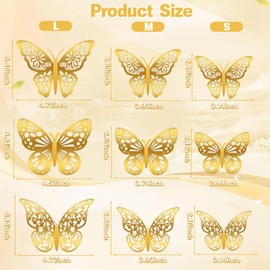 72PCS 3D Butterfly Wall Decorative Stickers 3 Sizes 3 Styles Butterfly Party Decorations Removable Birthday Decorations DIY Gifts Suitable for Girls Bedroom Living Room Study Bathroom (Gold)