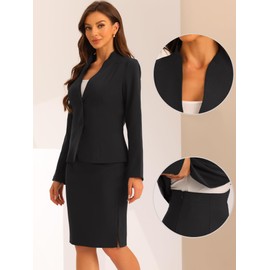 Allegra K Suits 2 Piece Skirt Set for Women's Business Office Outfits Collarless Blazer Pencil Skirts Suit Sets X-Small Black