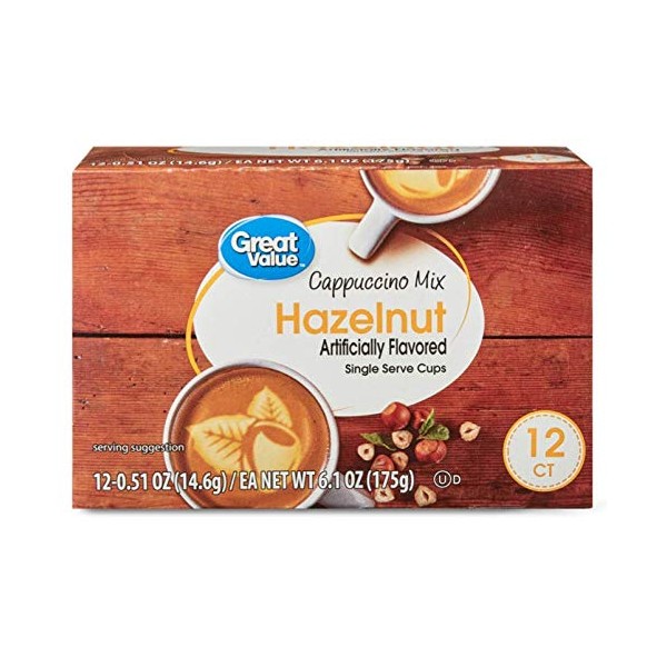 Great Value Hazelnut Cappuccino Mix Naturally Flavored Single Serve Cups, 0.51 oz, 12 count