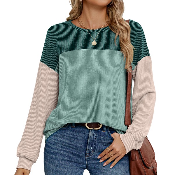 LOLILRSD Womens Color Block Long Sleeve Crewneck Knitted Casual Loose
