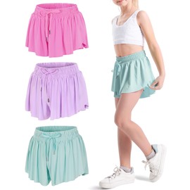 KEREDA - Pantalones cortos de mariposa para niñas, con forro de elastano 2 en 1 para correr, gimnasio, atletismo, entrenamiento, 1/2/3 unidades, Verde Claro-Rosa-Púrpura Claro, 7-8 Años