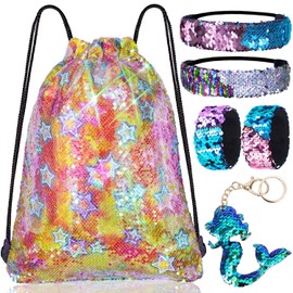 Mermaid Reversible Sequin Drawstring Backpack/Bag Clear Iridescent Sequin+ Star Shape Spotted Fabric for Kids Girls