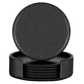 Famibay Round Coasters with Holder Set of 6 Heat Resistant Black PU Leather Coasters Drink Coasters Cup Pad Mats