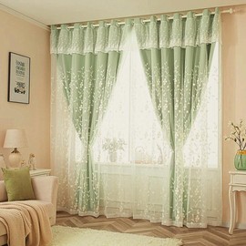 Amidoudou 1 Pair Double Layer Flower Curtains for Girls Room Living Room Pastoral Flowers and Leaf Embroidered Curtains for Bedroom (Green,54x96 Inch)