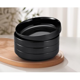 KooK Pasta Bowl, Bowl Plate, Low Bowl, Plate Bowls, Ceramic Large Shallow Bowls, Microwave and Dishwasher Safe, Great for Soups and Salads, Glossy Porcelain, 47 oz, Set of 4, Black