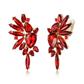 EVER FAITH Crystal Fashion Statement Cluster Earrings, Art Deco Bling Colorful Marquise Teardrop Dangle Clip-on Earrings for Women Red Gold-Tone