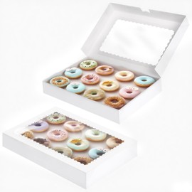 Dayacoco 30pcs Bakery Boxes with Window, 16x11x2.5 Inches, Donut Boxes, White Cookie Boxes for Chocolate Covered Strawberries, Macaroon, Donuts, Pies, Cookies