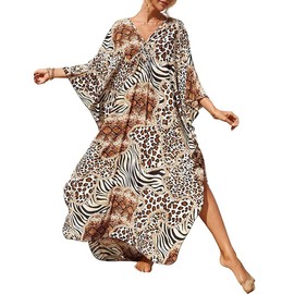 Bsubseach Kaftan Dresses for Women 2025 Plus Size Swimsuit Cover Up V Neck Caftan Beach Dress Loungewear Brown Leopard Print