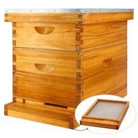 MayBee 8 Frame Screened Bottom Board Beehive Dipped in 100% Beeswax, Bee Hives Kit Includes 1 Deep Boxes & 1 Medium Hive Box with Beehive Frames and Wax Foundations. Preferred for Summer