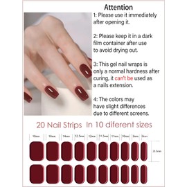 Tiras de uñas de gel semicuradas 20 pegatinas de uñas de gel de color burdeos UV Envolturas de uñas de gel semicuradas de color rojo vino para uñas en el hogar DIY
