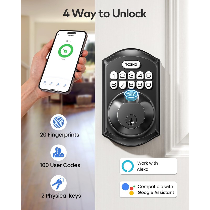 TEEHO TE012W WiFi Smart Lock, Fingerprint Door Lock with Built-in