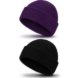 Geyoga 2 Pieces Winter Short Fisherman Beanie Hat Trawler Beanie Watch Hat Edge Skullcap for Men and Women (Black, Dark Purple)