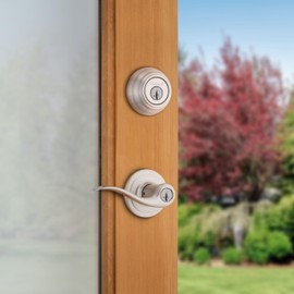 Kwikset 991 Tustin Entry Lever and Single Cylinder Deadbolt Combo Pack featuring SmartKey in Satin Nickel, Model Number: 99910-040