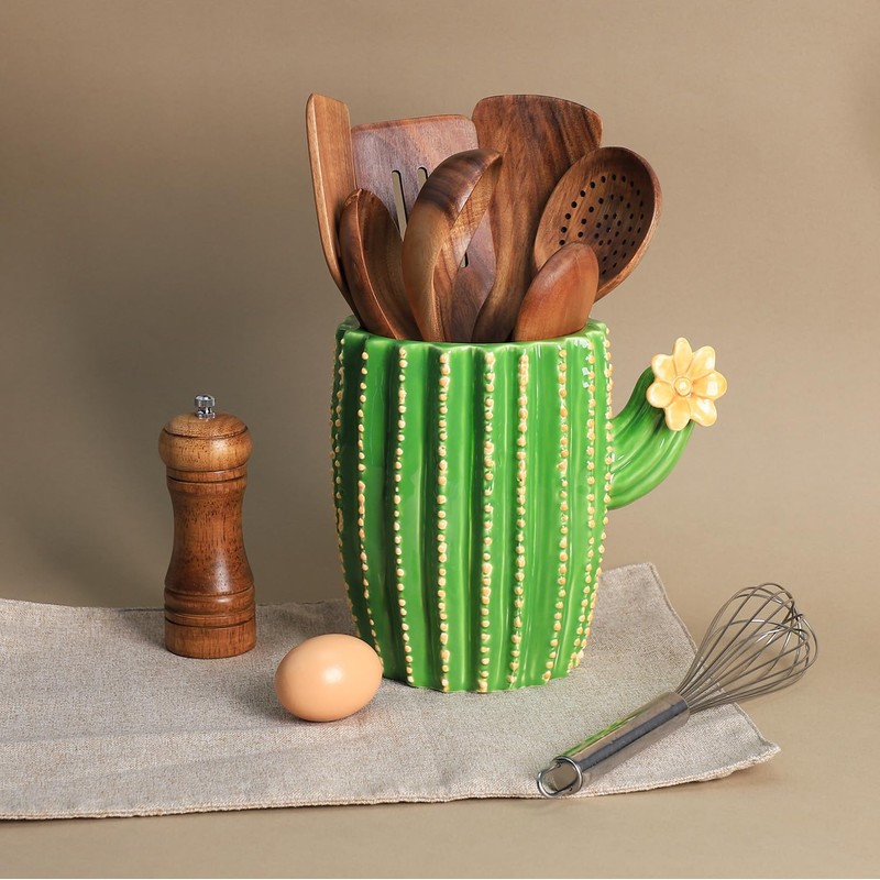Bicuzat Cactus Shaped Ceramic Kitchen Utensil Holder, Large Cooking Utensil