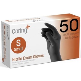 Caring Nitrile Exam Gloves, 50 Count, Powder Free and Not Made with Natural Rubber Latex, for Medical Use, Cleaning, Food Prep and More, Small, Black