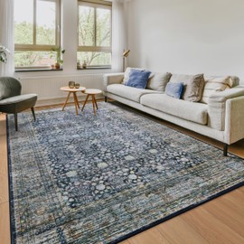 8x10 Vintage Area Rug for Living Room Bedroom, Large Washable Non Slip Indoor Rug, Thin Throw Floral Floor Low Pile Distressed Carpet for Office Nursery Dining Room Blue/Green/Multi