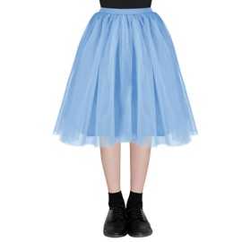 AUYAO Women's Tulle Skirt, Ladies Elastic High Waist Layered Skirt, Women Tulle Tiered Layered Skirt Ballet Tutu Prom Party, Mesh A-line Midi Skirt for Women Girl for Daily Prom Carnival(Lake Blue)