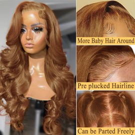 XNJ Ginger Brown Lace Front Wigs Human Hair Light Brown Body Wave Colored 13x4 Transparent Lace Frontal Human Hair Strawberry Blonde Glueless Wig Honey Blonde Lace Front Wig 16 Inch