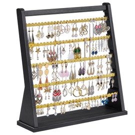 Poyilooo Earring Organizer Stand, Rustic Wood Earring Holder Rack, 5 Layer Jewelry Holder Organizer with 270 Earring Tree Holes Display for Stud Earings & Hoop Earrings, Gifts for Women (Black&gold)