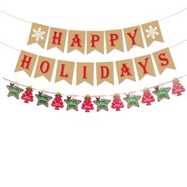Happy Holidays Banner Kit Decoration,2 Pieces Christmas Banner Christmas Tree Bunting Garland Decoration,Xmas Holiday Welcome New Year Decorations Party Supplies Decorations for Home Office.
