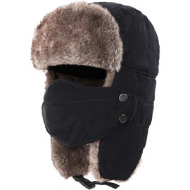 Men's Trooper Trapper Hat Warm Winter Hats with Removable Face Mask Earflaps Faux Fur Hunting Outdoor Hat - Color: black, Size: Large
