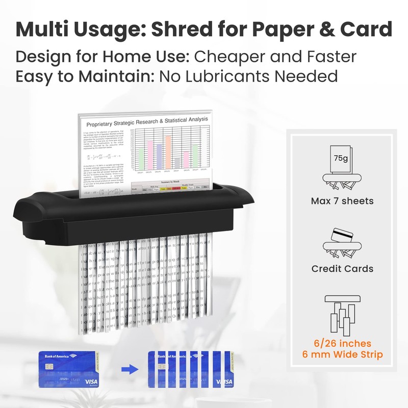 Mini Paper Shredder Without Basket,VidaTeco 7-Sheet Strip Cut Shredder for