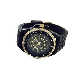 Geneva Platinum 795106 Women's Rhinestone-accented Silicone Watch-BLACK/GOLD