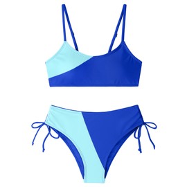 FoWear Girls Swimsuits Bikini Set 2 Pieces Color Block Bikini with Adjustable Shoulder Strap Girls Bathing Suit 7-16Y, Blue-deep, 7-8 Years
