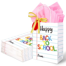 FYSUIMU 24Pcs Back to School Paper Bags with Tissue Paper Apples Tag Ribbon Novel Homework Design Gift Treat Bags with Handles for First Day of School Birthday Baby Shower