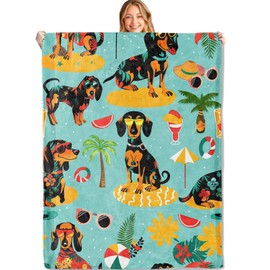 MIEPOS Tropical Dachshund Throw Blanket,50x60in,Soft,Lightweight Flannel,Hawaiian and Cute Weiner Dog Blankets - Gifts for Adult & Beach Pet Lovers,for Couch Office Travel,Home Living Room Decor