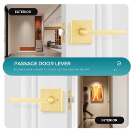 Heittis 1 Pack Satin Brass Passage Door Levers Square Hall Closet Handles, Gold Heavy Duty Interior Non-Locking Lever Sets, Reversible for Right & Left Side