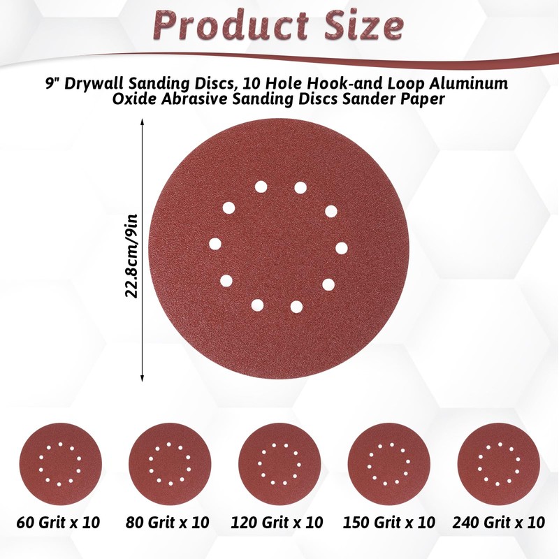 50 Pcs 9-Inch 10-Hole Drywall Sanding Discs Set, 10 Each
