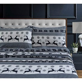 3 Pc Flannel Deep Pocket Sheet Set Country Style Animal Print King Navy Blue Bedding Set Luxurious Fine Fabric Sanforized Gingham Deer Small Check Snowflakes Printed Fully Elasticized Fitted Sheet Set