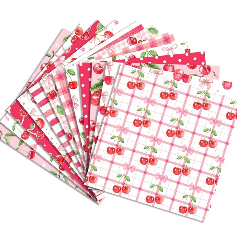 Cotrida 24 Sheets Cherry Fruit Scrapbook Paper, Pink Patterns Decorative