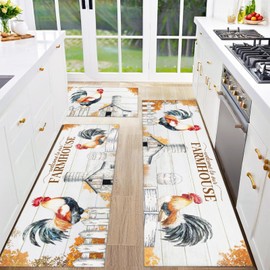 Mofvugz Rooster Kitchen Rugs and Mats Non-Skid Washable for Floor, Rooster and Chicken Kitchen Decor and Accessories Kitchen Mat Set of 3, 17"x30"+17"x47"+17"x59"