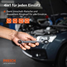 PRESCH Double Ratchet Wrench 9 11 14 15 mm - Switchable Ratchet Function - Precision Milled with 90 Teeth and 4° Return Angle - 4 Sizes in One Key - 4 in 1 Ring Ratchet Wrench
