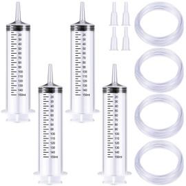 Threlaco 4 Pack Large Plastic Syringe with Handy Plastic Tubing and Luer Connections Large Syringes for Liquid Syringes for Measuring Watering Refilling Feeding (150ml)