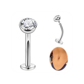 LOAYHOAY 14G G23 Titanium Floating Belly Button Rings for Women Petite Flat Back CZ Belly Rings Small Opal Curved Navel Rings Internally Threaded Hypoallergenic Belly Piercing Silver CZ 8mm