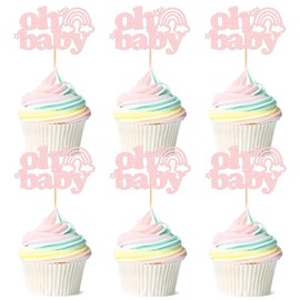 Ercadio - Paquete de 24 adornos bohemios para cupcakes, diseño de arco iris, color oro rosa, bohemio, arcoíris, Oh, bebé, para decoración de fiesta de cumpleaños con temática arcoíris, suministros de decoración de fiesta de cumpleaños