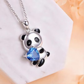 Faruodis Crystal Panda Heart Necklace Cute Rhinestone Love Heart Animal Pendant Necklace Chain Jewelry for Women (Blue)