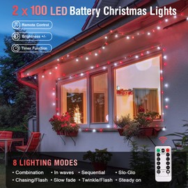 JMEXSUSS 2 Pack Red and White Battery String Lights, Each 33ft 100 LED Battery Powered Christmas Lights with Remote for Outside Party Birthday
