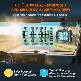 Trailer/RV Tire Pressure Monitoring System,4.5" XL Solar Tire High Pressure Monitor w/ 0-199PSI,6 Alerts TPMS Sensors Set of 4 with Signal Booster,Long Sensing Distance