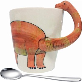 Long Neck Dinosaur Coffee Mugs Cute 3D Dinosaur Tea Cups Creative Ceramic Funny Neck Handle with Stainless Steel Spoon, 14 Ounces