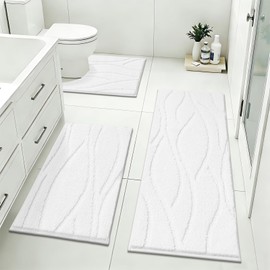 Bsmathom Bathroom Rugs Sets 3 Piece, Soft Non Slip Microfiber Bath Mat and U-Shaped Contour Toilet Rug, Machine Washable Absorbent Shaggy Bathroom Set, White
