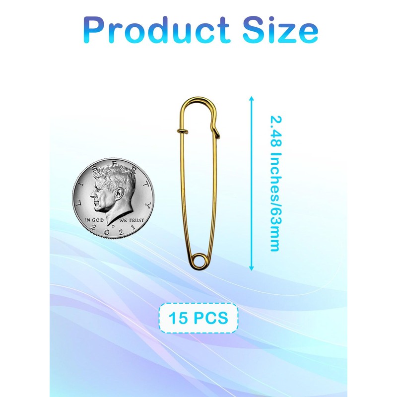 Large Safety Pins,15Pcs 63mm/2.5" Large Safety Pins Heavy Duty Metal