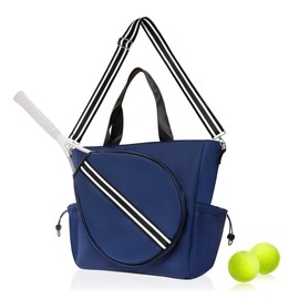 Mini Momo Tennis Bag for Women Racket Tote, Stylish Backpack - Unisex Racquet Sports Pickleball Bag Convertible Shoulder, Crossbody Strap Large Compartment (Tote - Navy/Black Stripe)