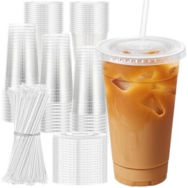 Lamosi 100 Pack 24 oz Clear Plastic Cups with Lids and Straws, Disposable Iced Coffee Cups with Lids for To-Go Cold Drinks, Smoothies and Slushie