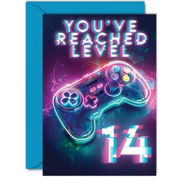 14th Gamer Birthday Cards for Boys Girls - You've Reached Level 14 - Happy 14 Birthday Card for Son Daughter Nephew Niece Grandson, 5x7 Inch Fourteen Fourteenth Bday Video Game Greeting Cards