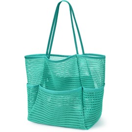 KPX Beach Bag with Mini Pocket, Beach Tote Bags for Women Large Foldable Mesh Swimming Pool Travel Bags - Sandproof, Teal, Casual